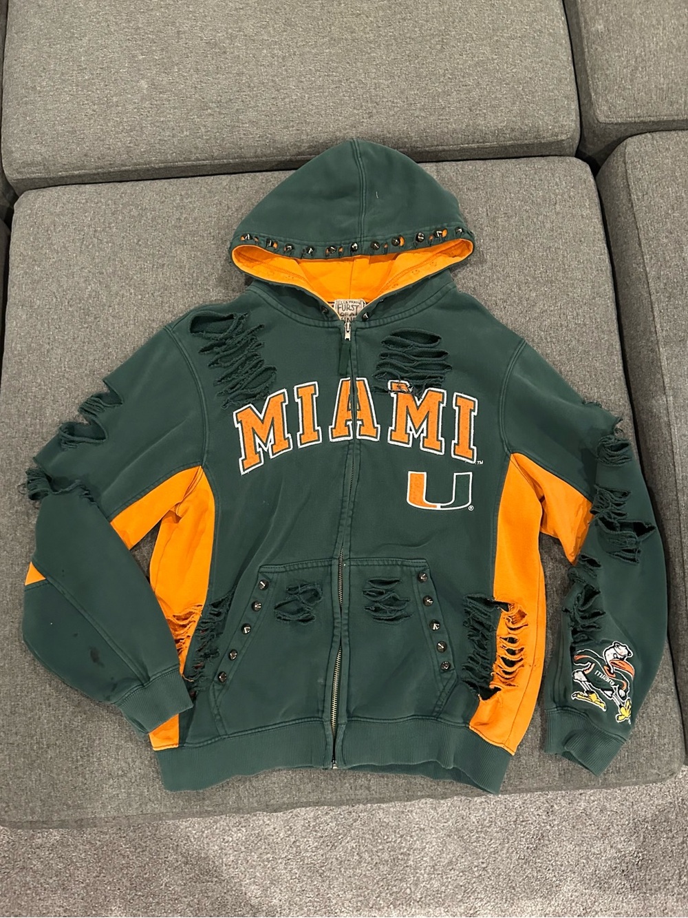 University of Miami Vintage One of a Kind Green & Orange Hooded Zip Jacket OS